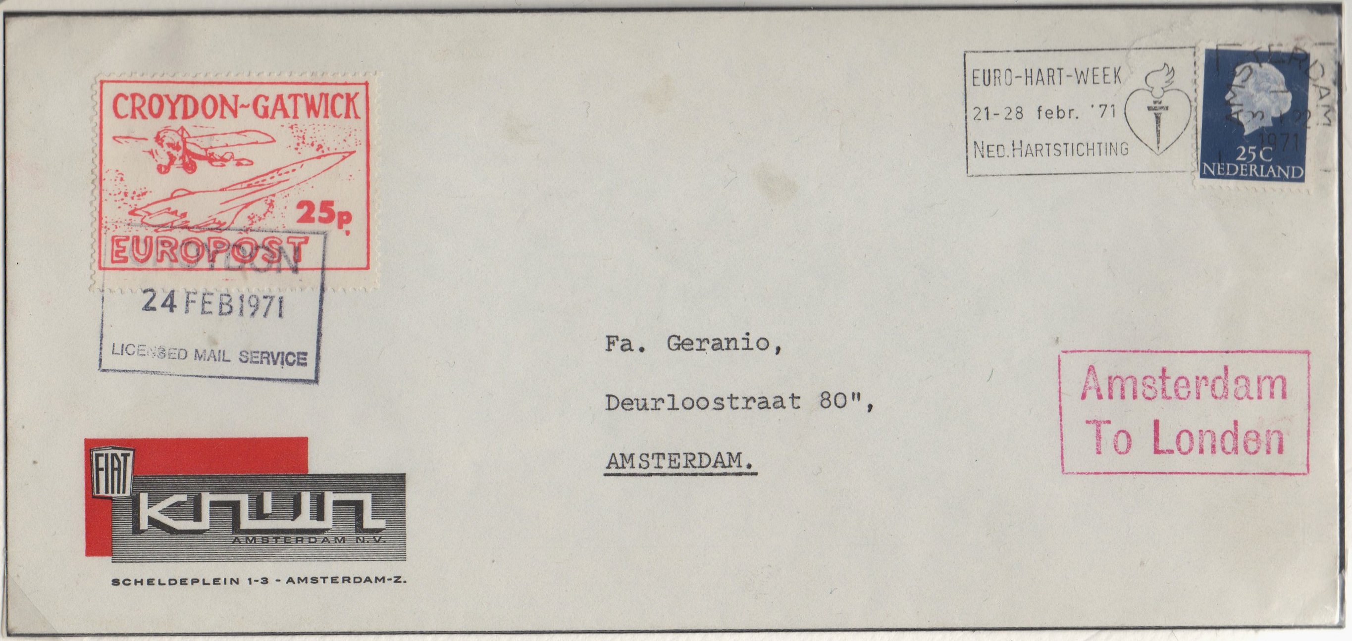 1971 Croydon Gatwick Strike Post 25p cover Amsterdam to UK 24 Feb 1971. Stamp with variety 'p dot'.
